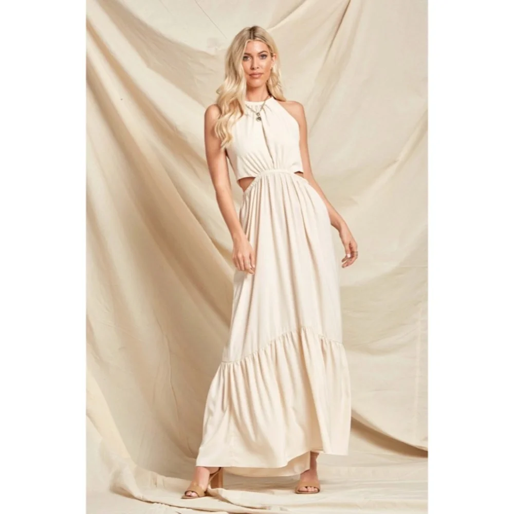 Bohemian Cream Solid Cut Out Waist Full Long Length Maxi Dress - Picture 2 of 5
